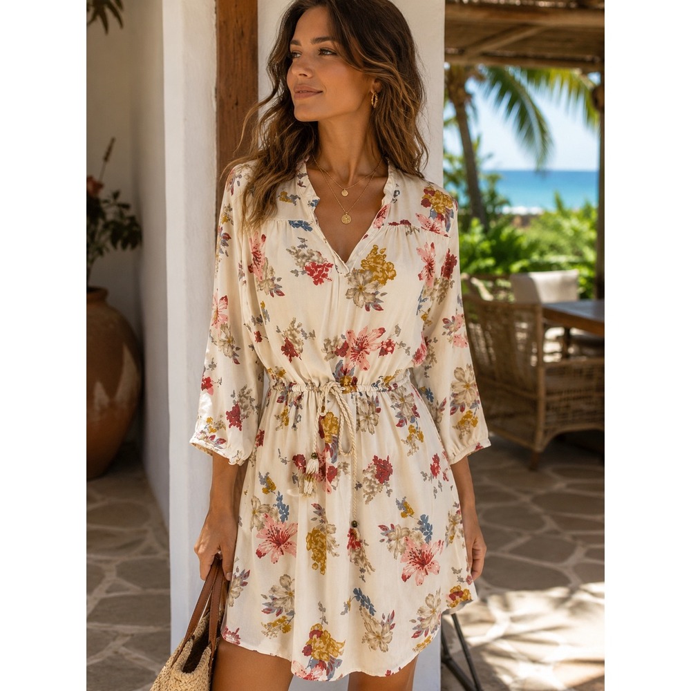 O'Neill floral boho peasant mini dress 3/4 sleeve festival cottagecore medium
